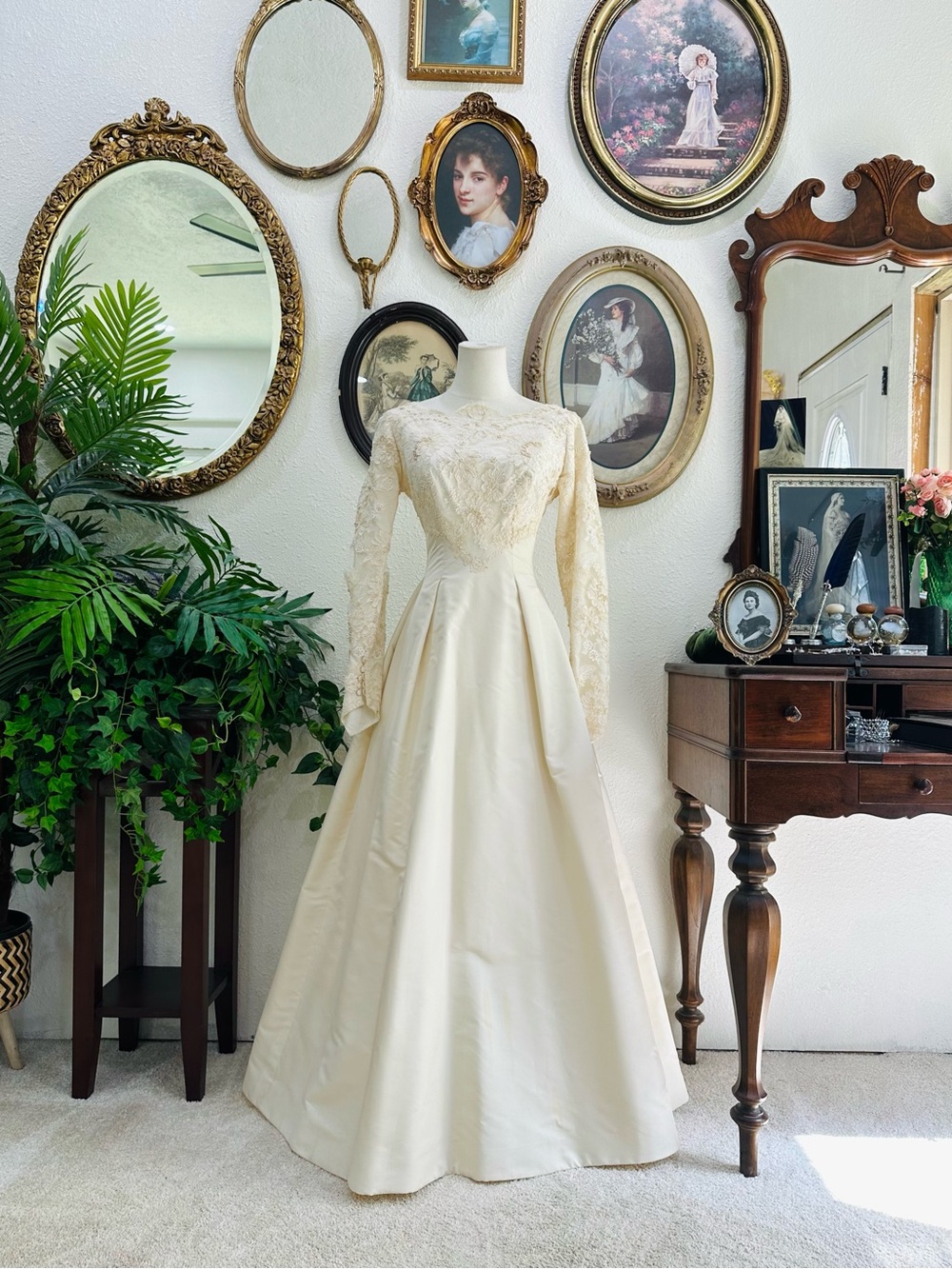 Ivory Lace & Satin Long Sleeve Vintage-Style Wedding Dress